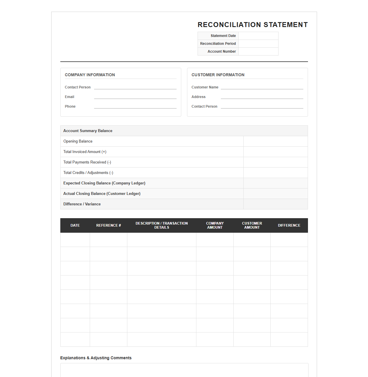 Customer Account Reconciliation Statement Form