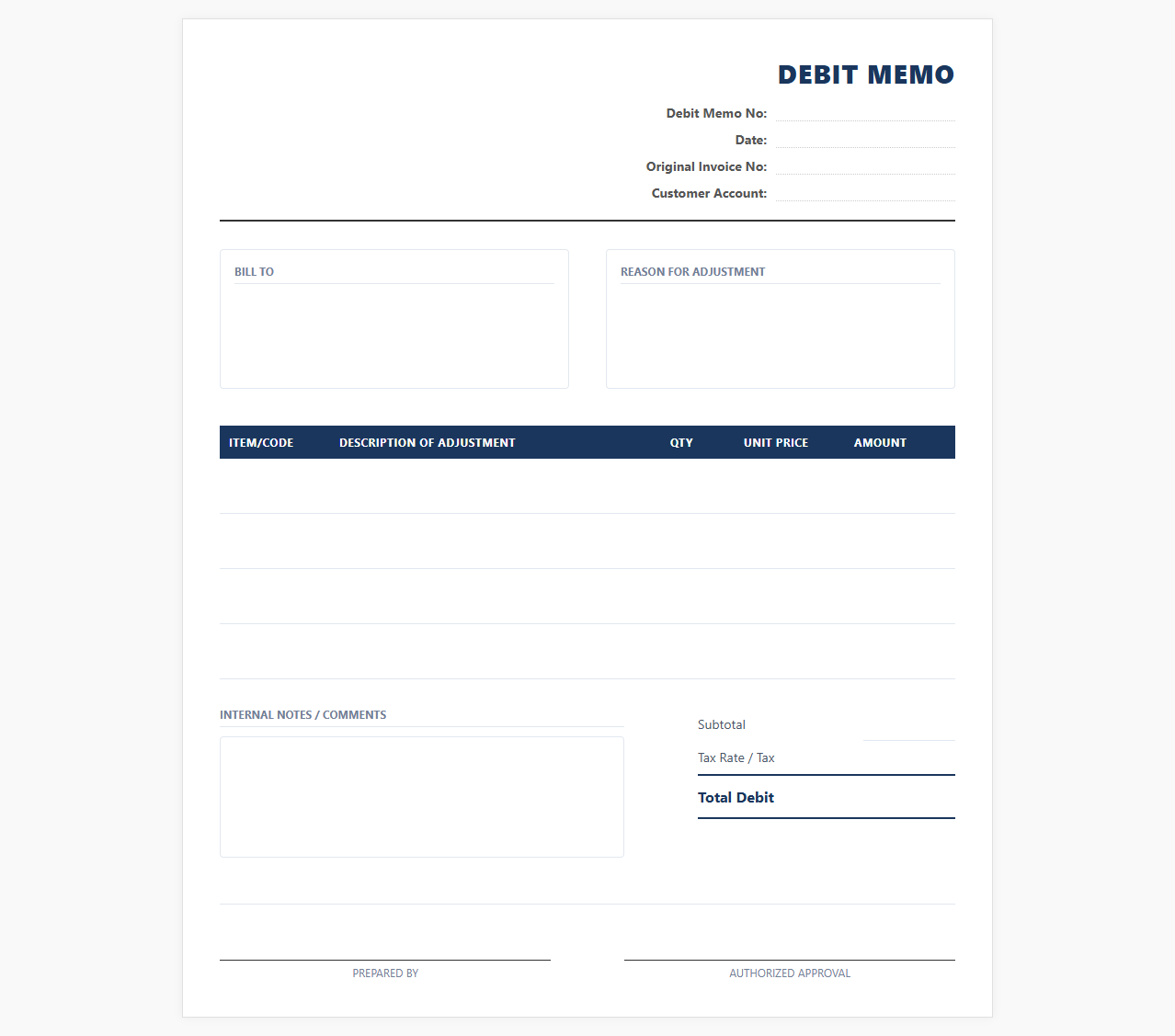 Customer AR Debit Adjustment Billing Template