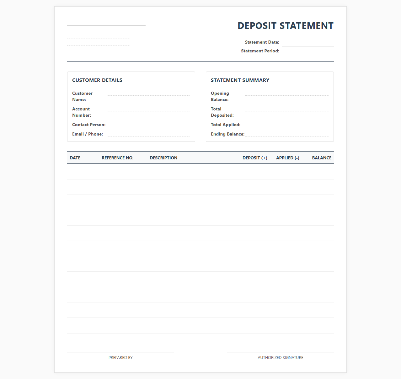 Customer Deposit and Prepayment Statement Ledger