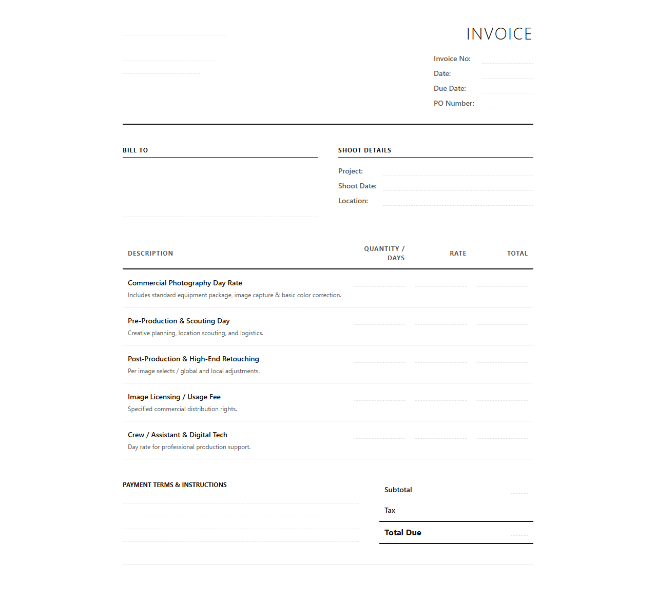 Day Rate Commercial Photography Invoice