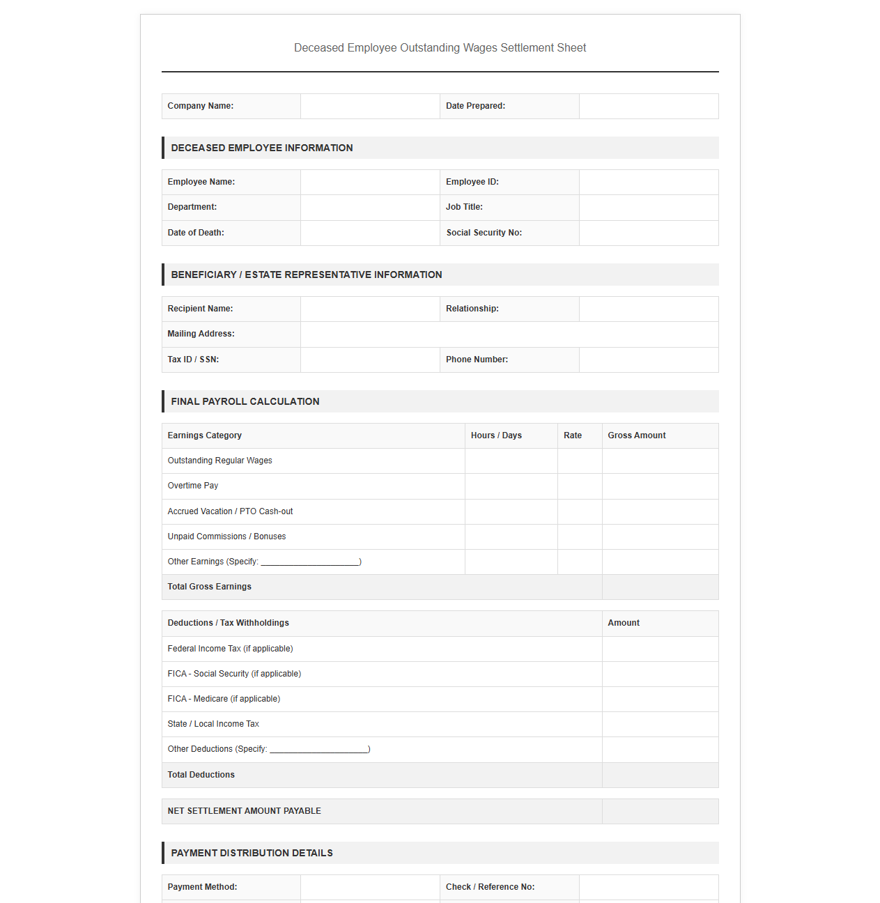 Deceased Employee Outstanding Wages Settlement Sheet
