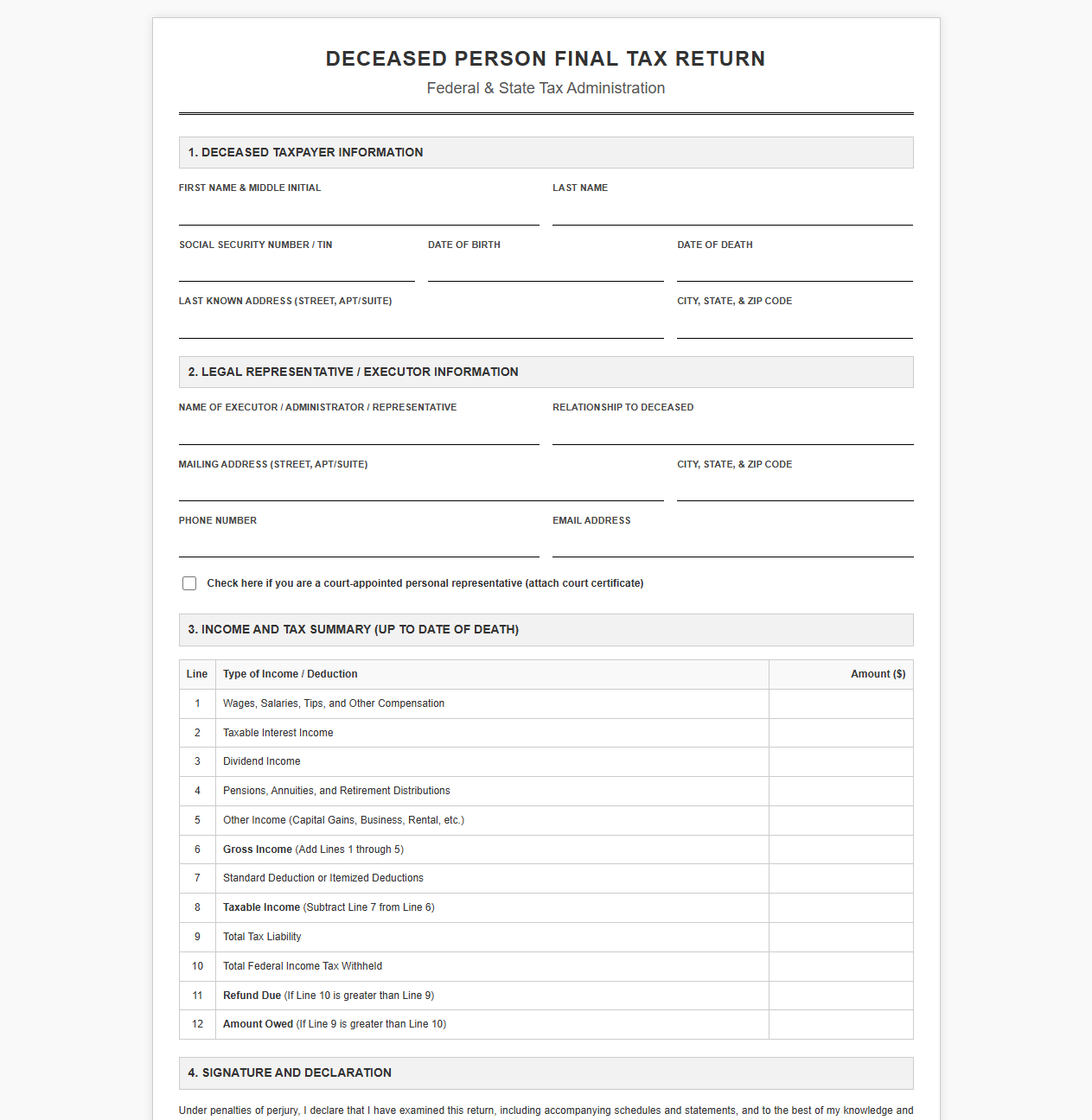 Deceased Person Final Tax Return Form Template