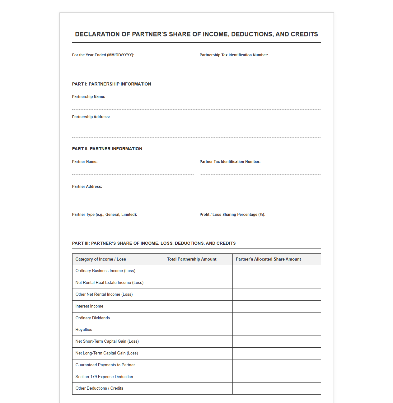 Declaration Template for Partner Share of Income