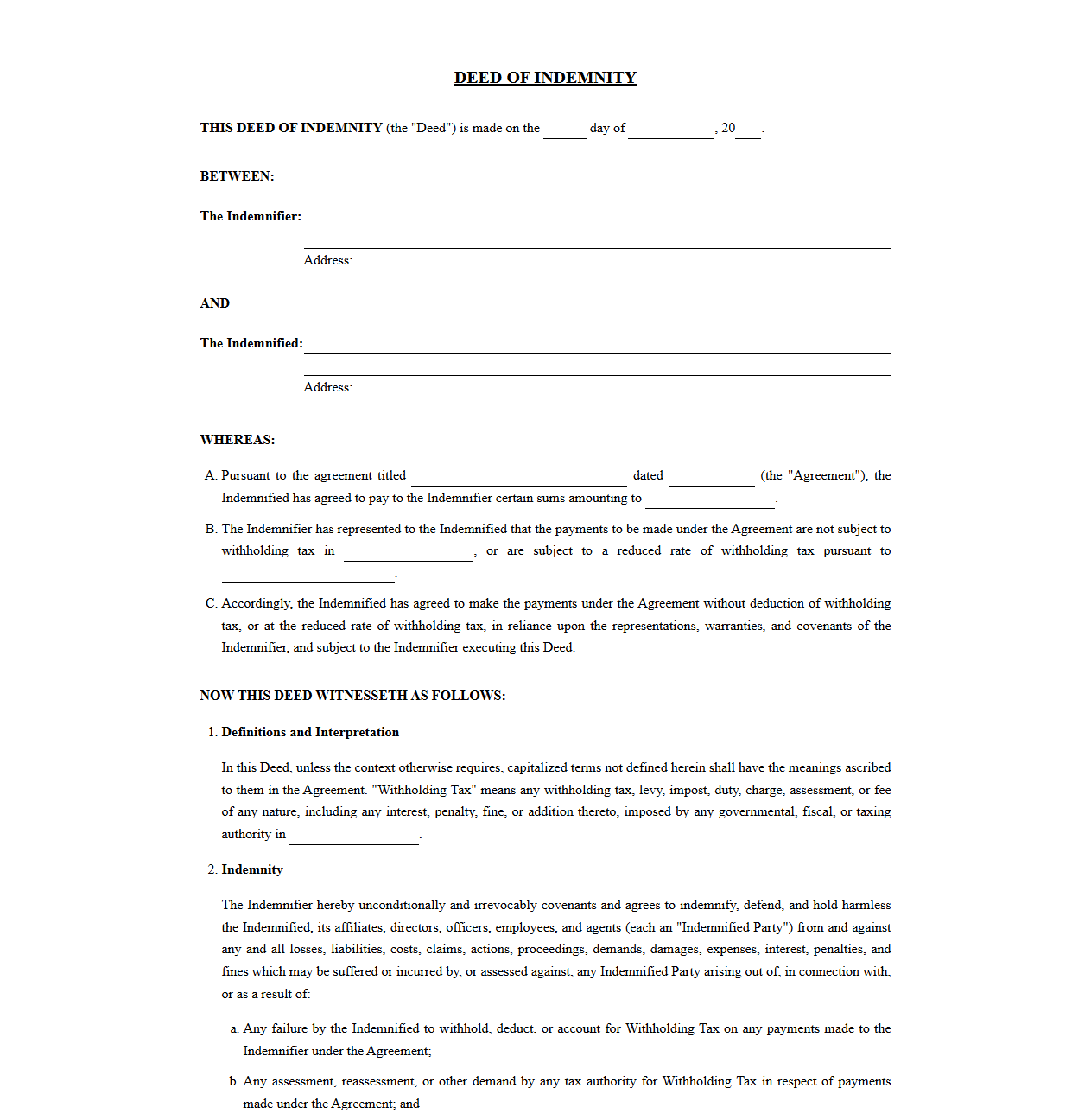 Deed of Indemnity for Withholding Tax