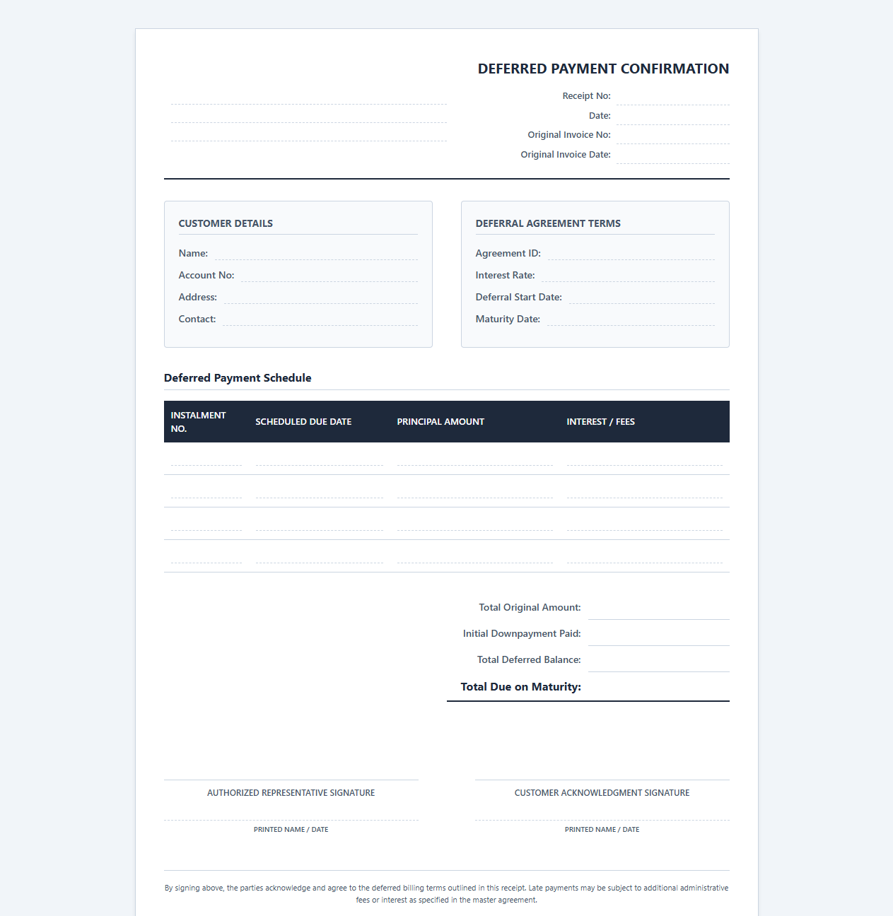 Deferred Billing and Payment Confirmation Receipt