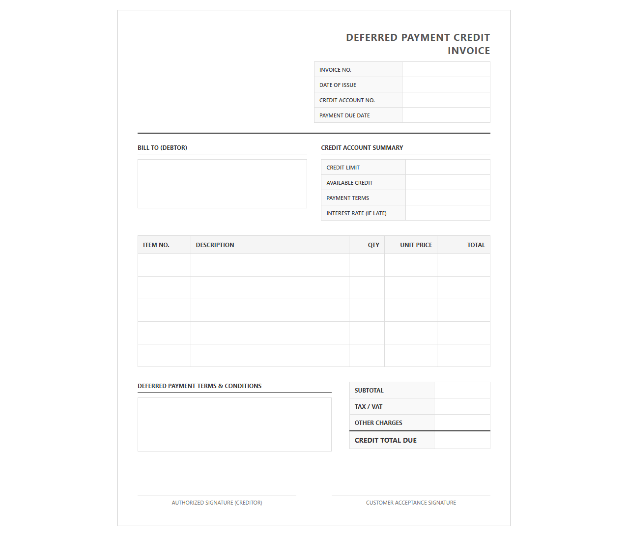 Deferred Payment Credit Invoice Template