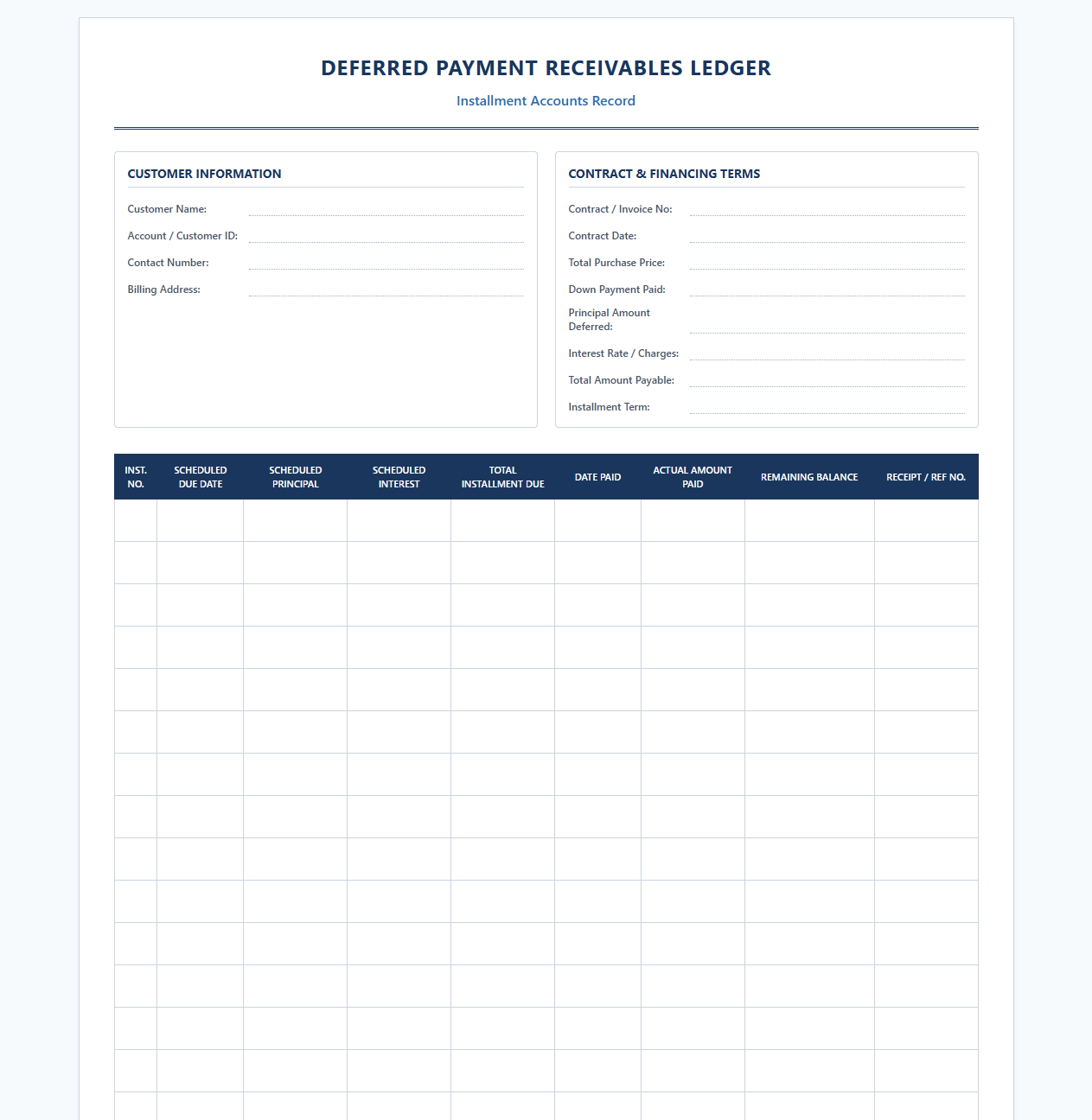 Deferred Payment Receivables Ledger Sheet