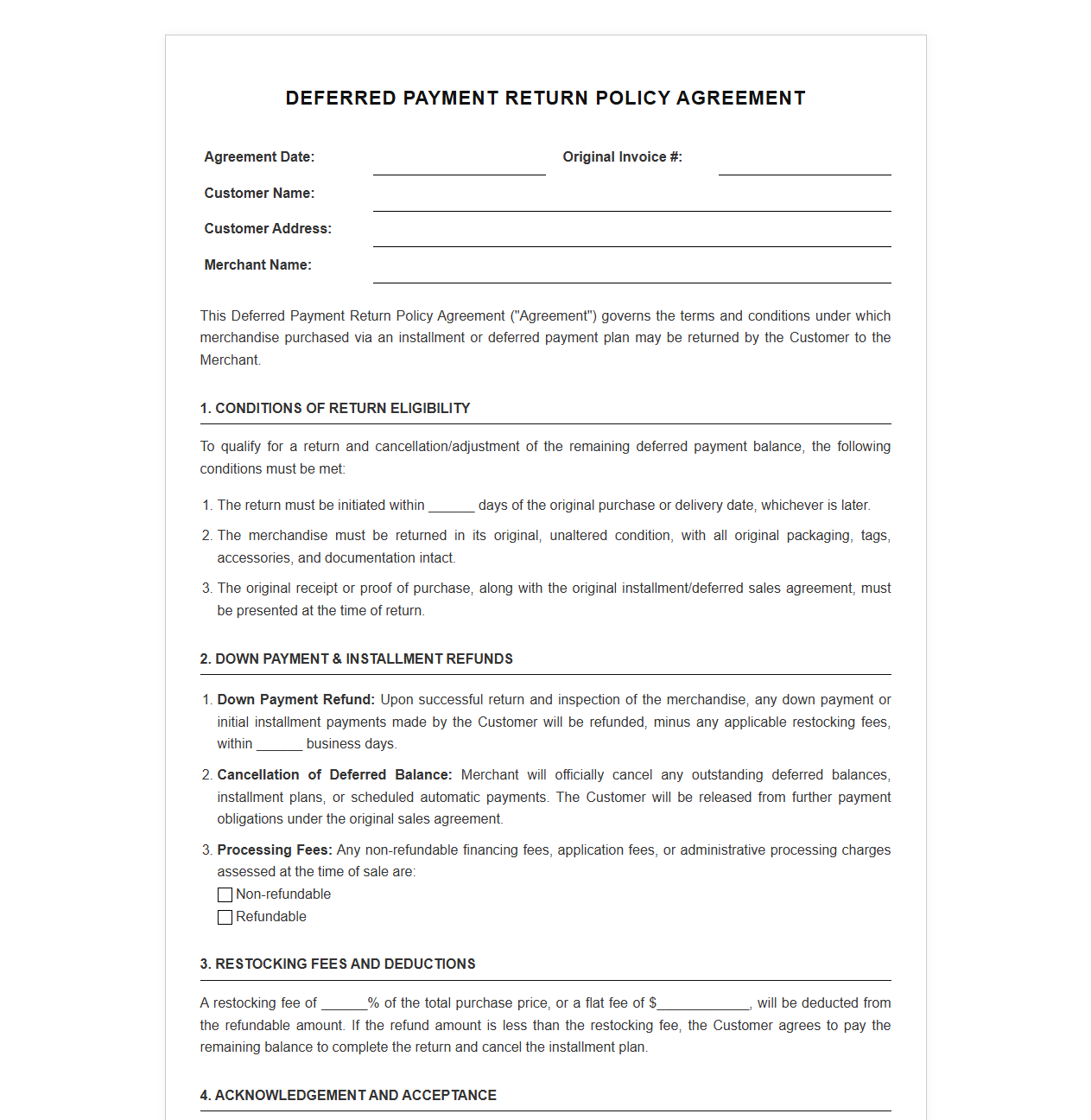 Deferred Payment Return Policy Agreement