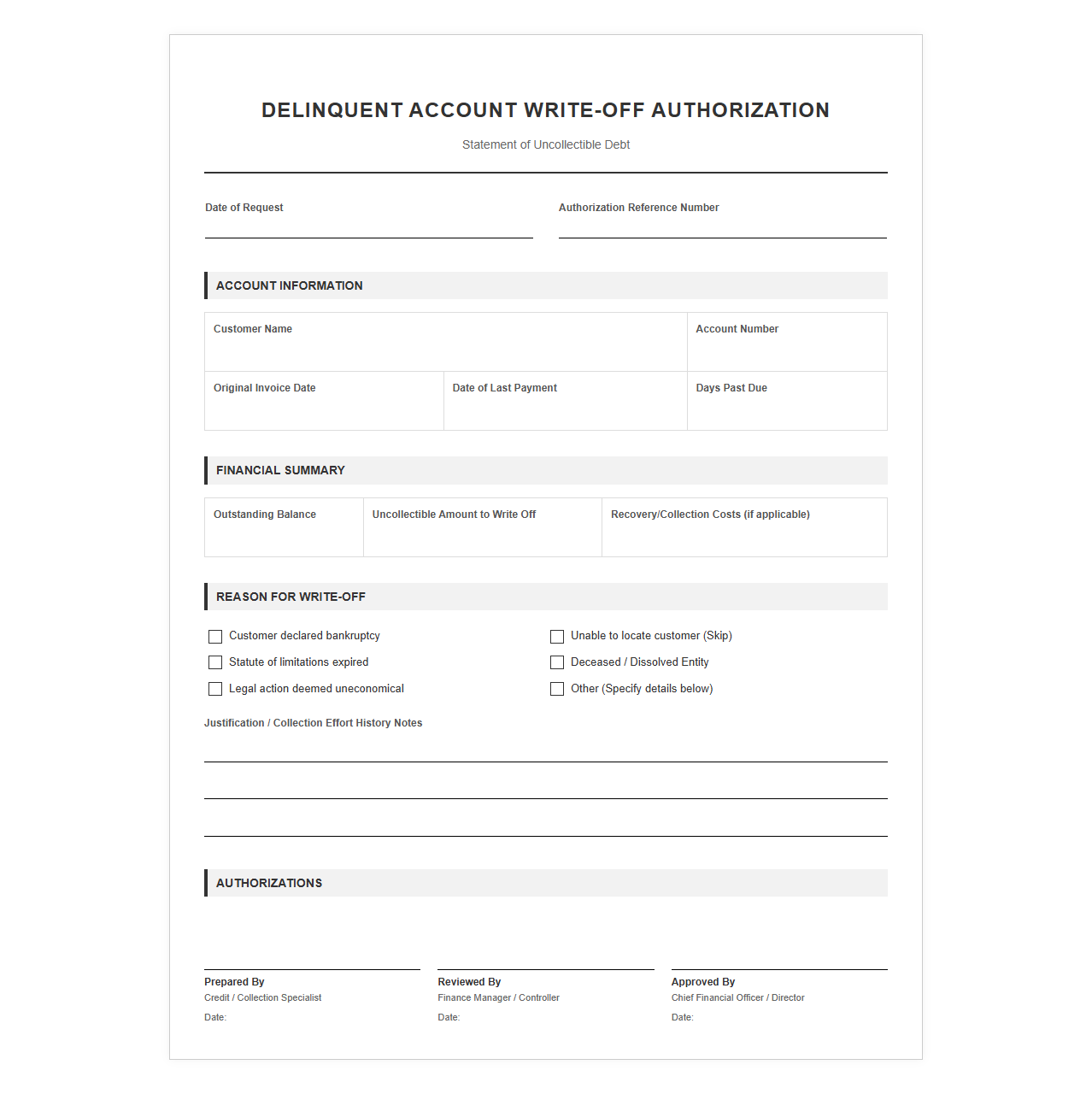 Delinquent Account Write-Off Authorization