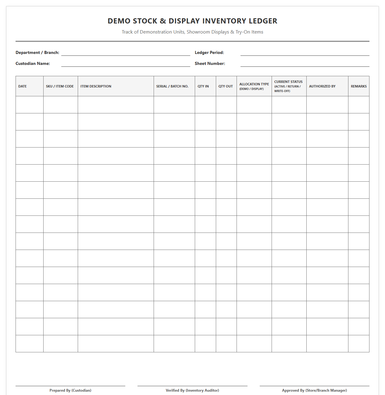 Demo Stock and Display Inventory Ledger
