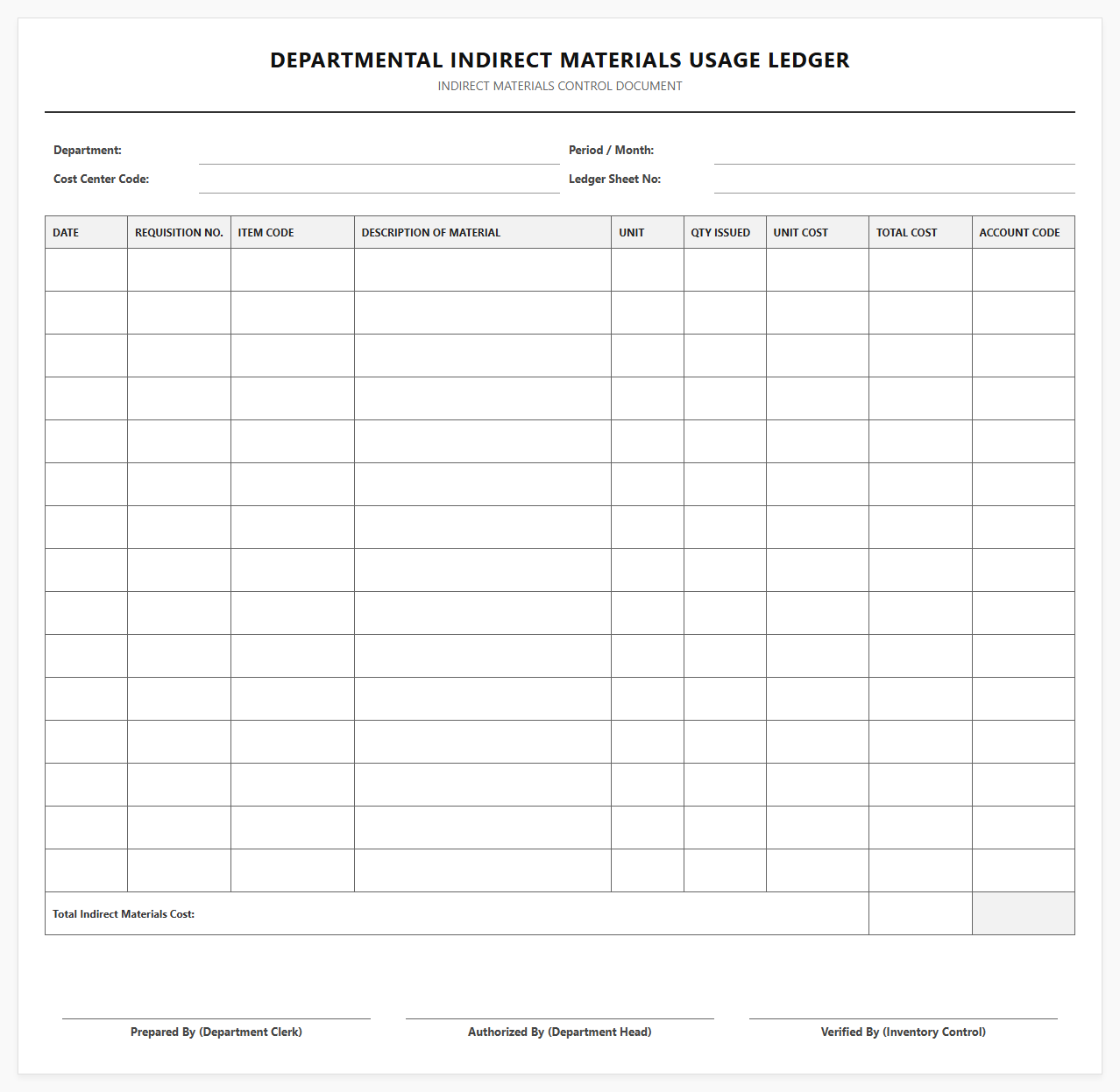 Departmental Indirect Materials Usage Ledger