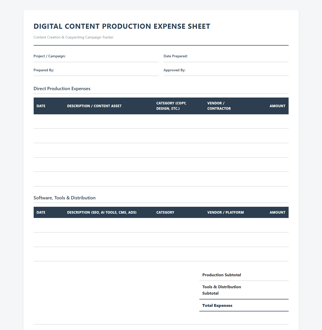 Digital Content Production Expense Sheet