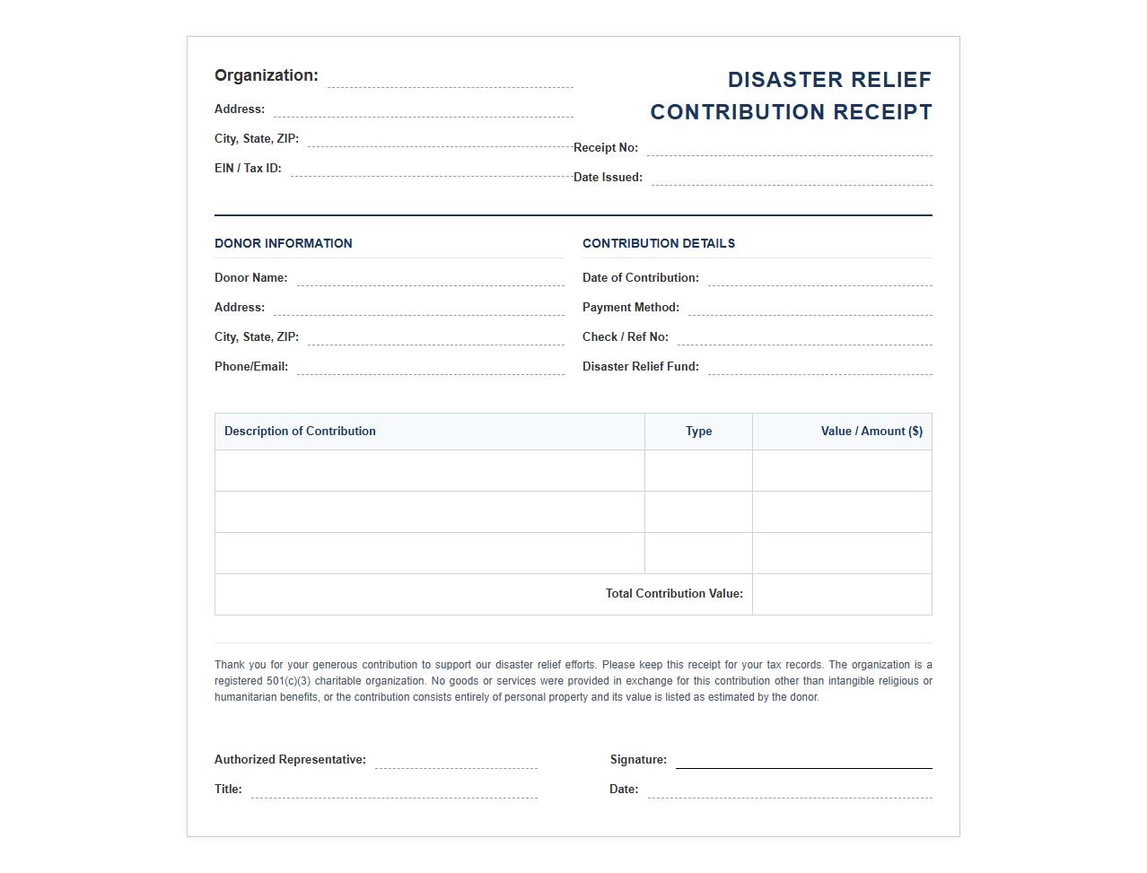 Disaster Relief Charitable Contribution Receipt