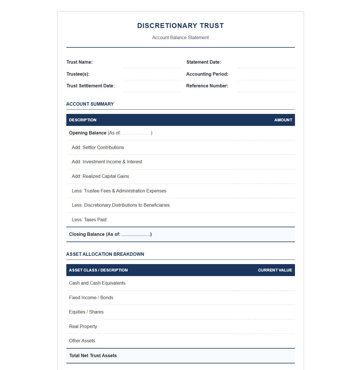 Discretionary Trust Account Balance Statement Template