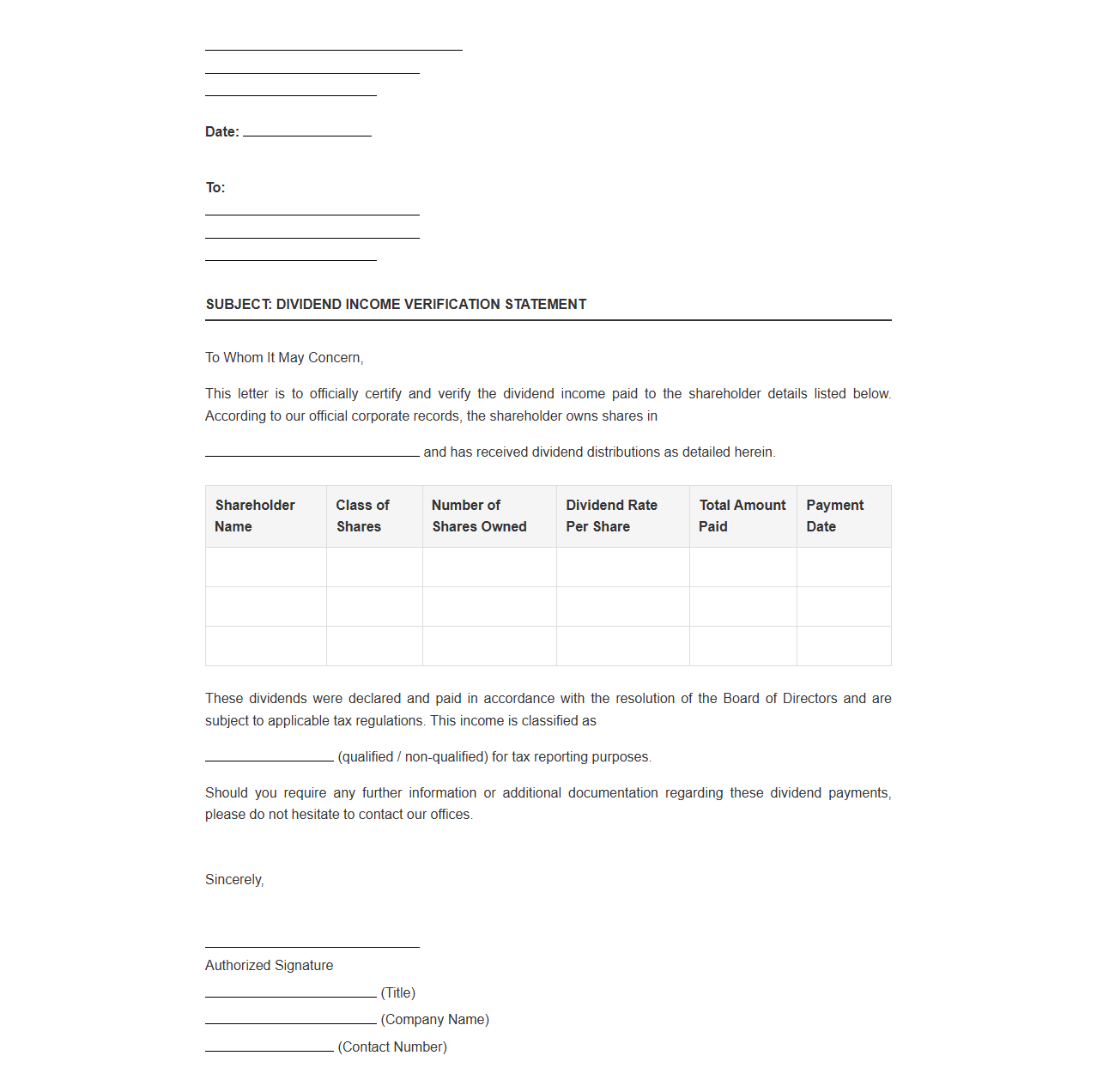 Dividend Income Verification Letter Template