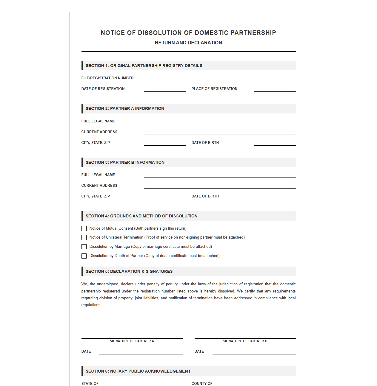Domestic Partnership Dissolution Return Template
