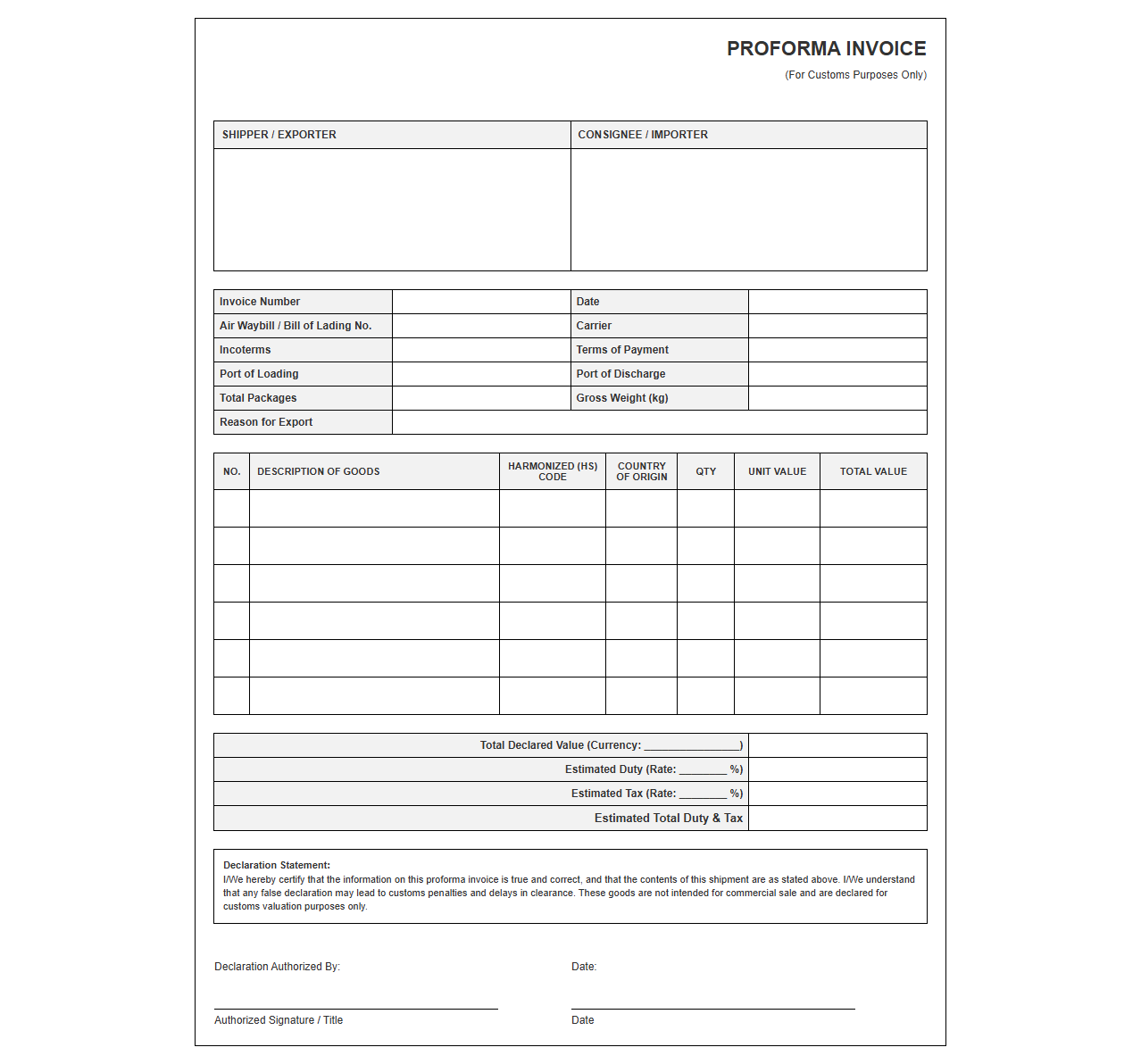 Duty and Tax Proforma Invoice Template