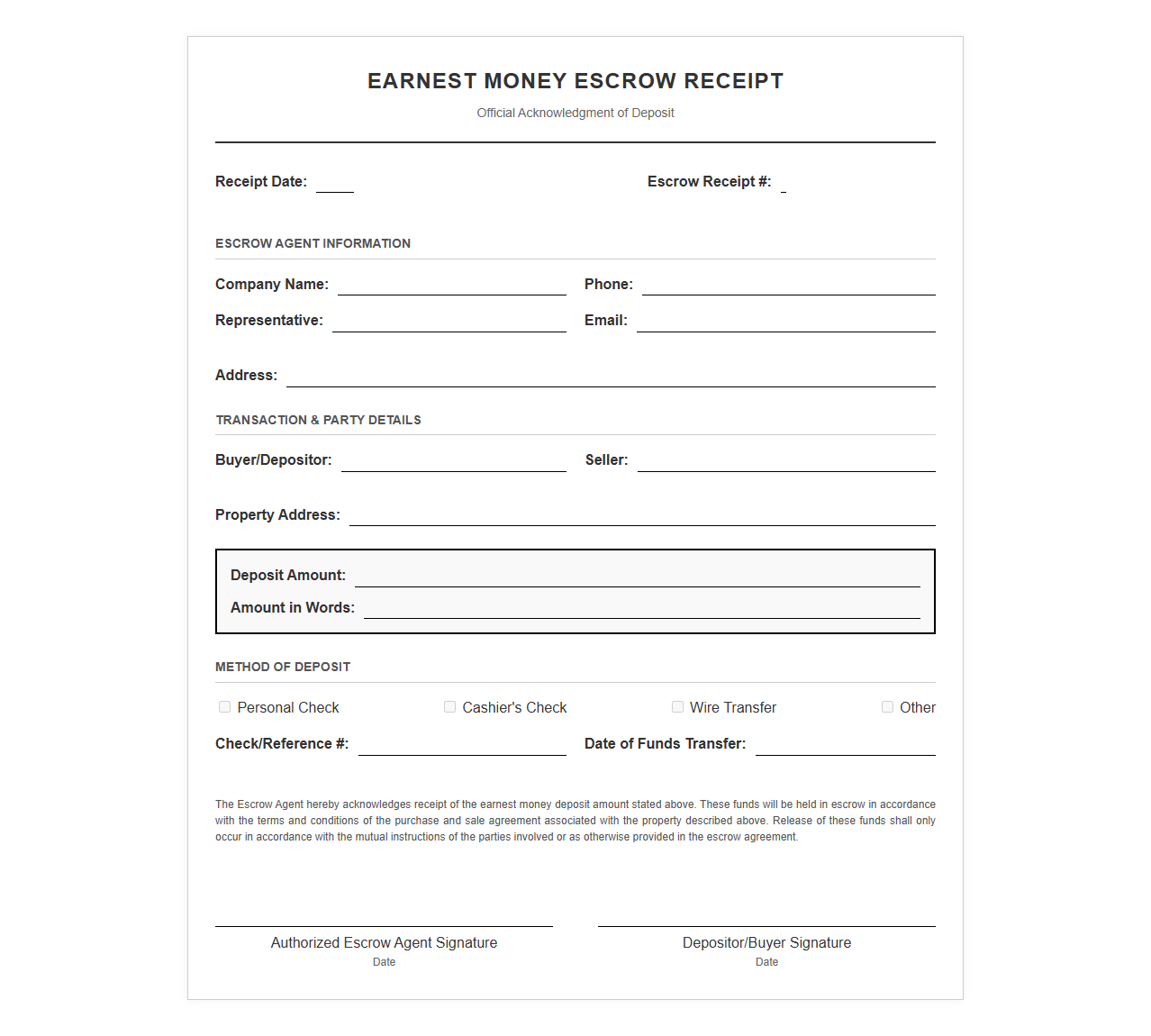 Earnest Money Escrow Receipt Template