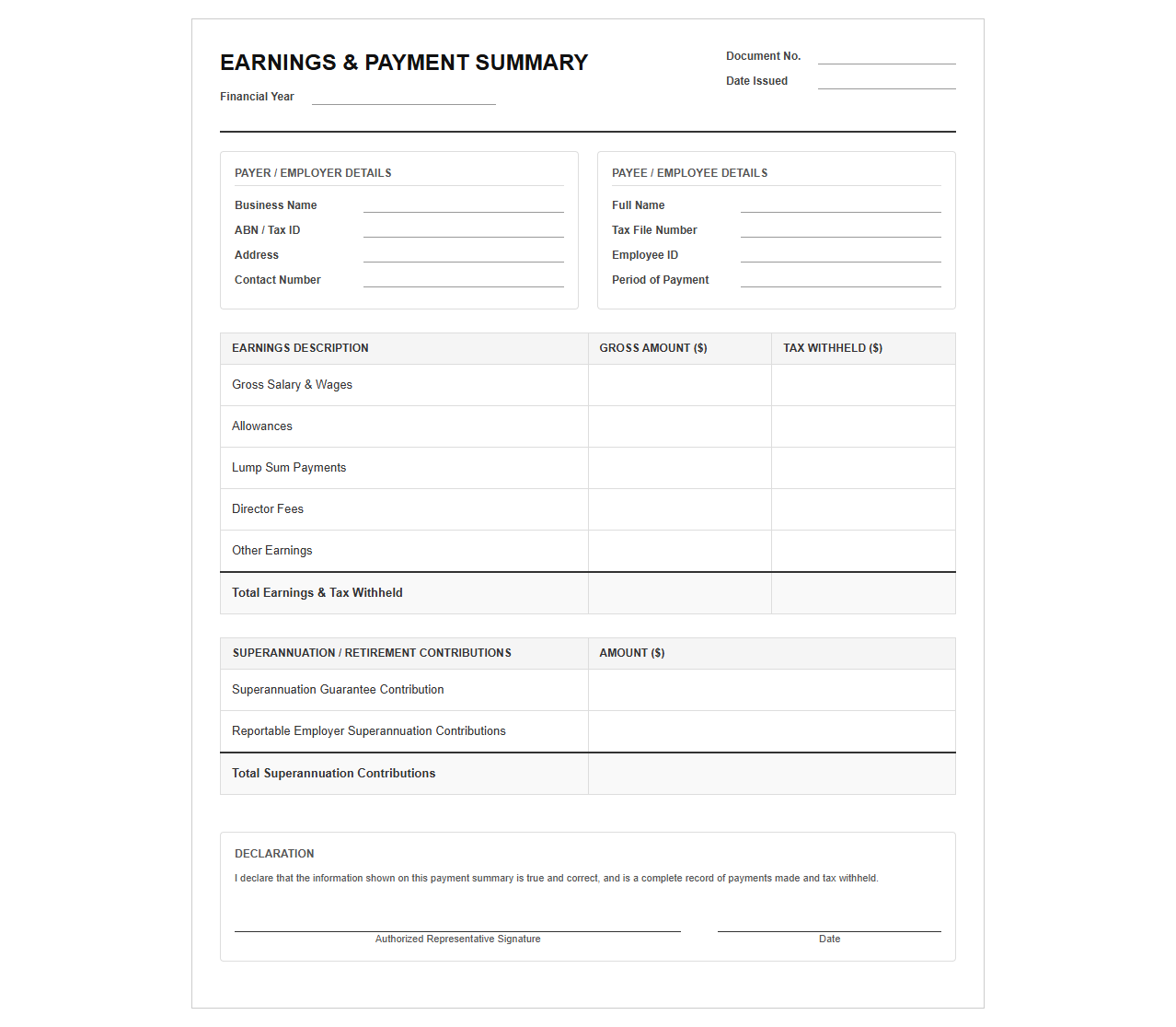 Earnings and Payment Summary Statement Template