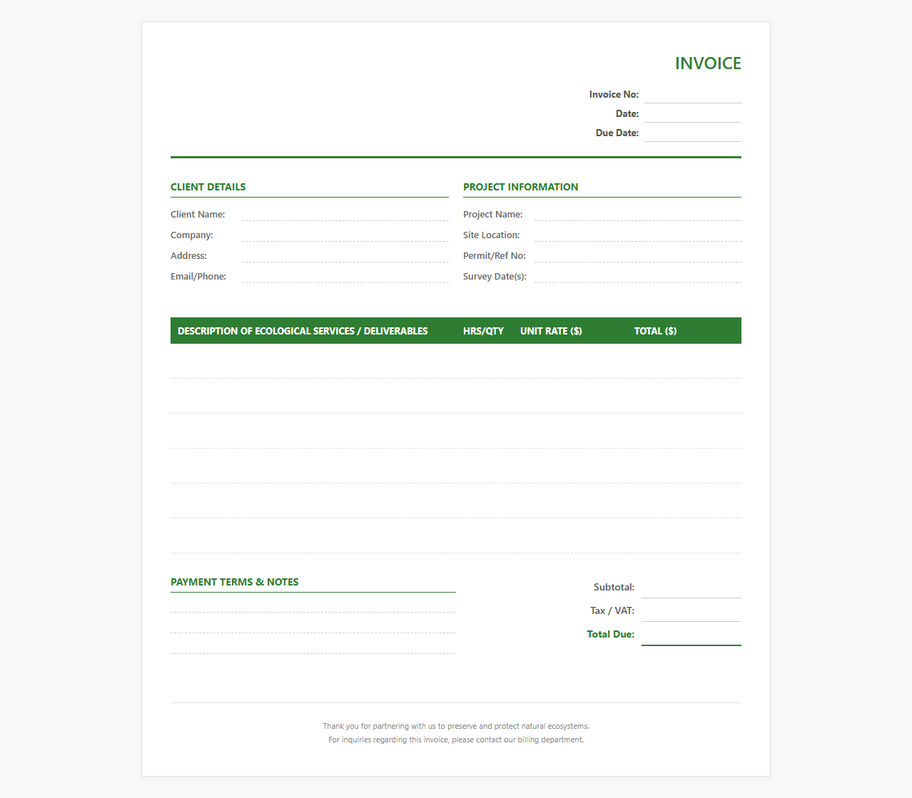Ecological Impact Assessment Invoice Form