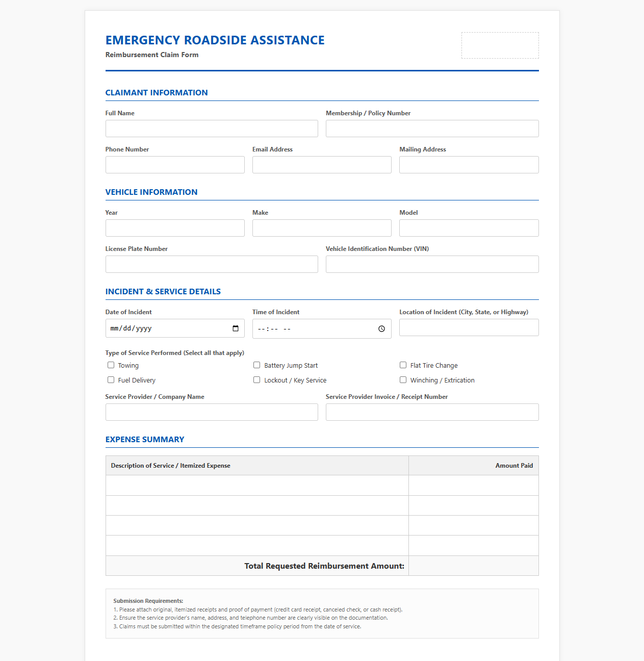 Emergency Roadside Assistance Reimbursement Form
