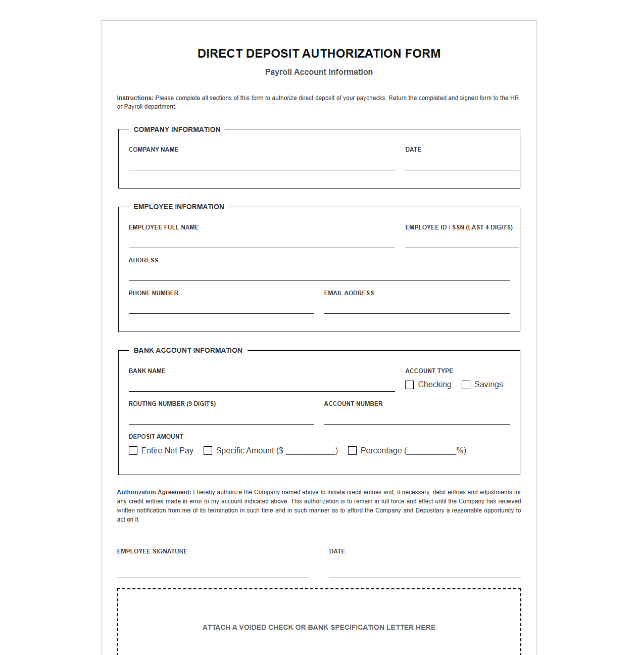 Employee Direct Deposit Authorization Form