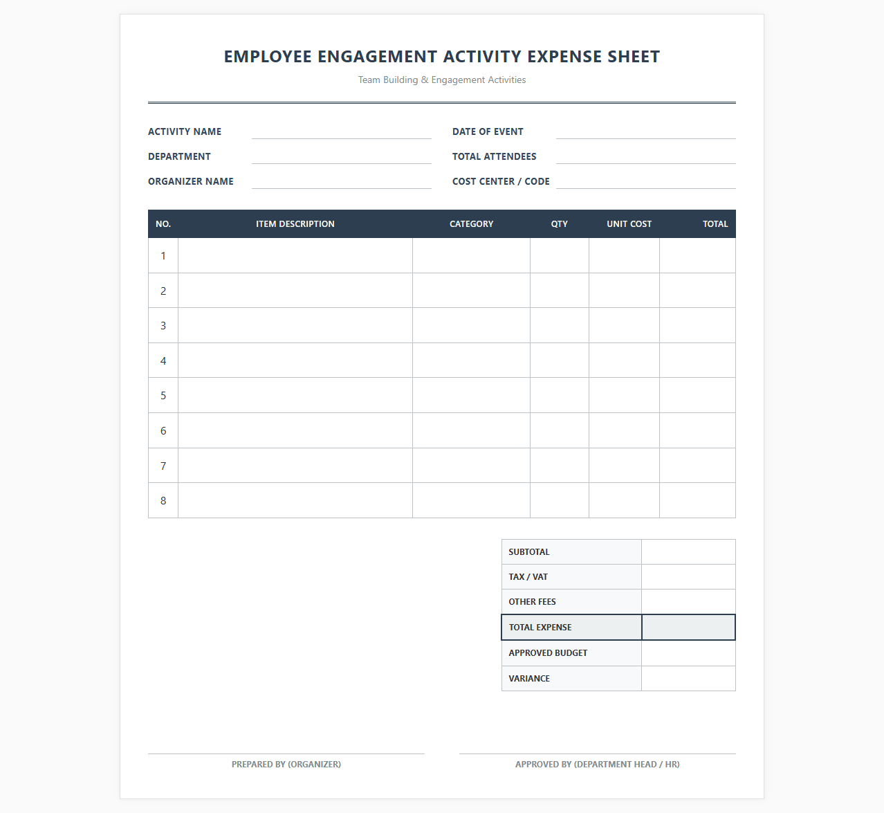 Employee Engagement Activity Expense Sheet