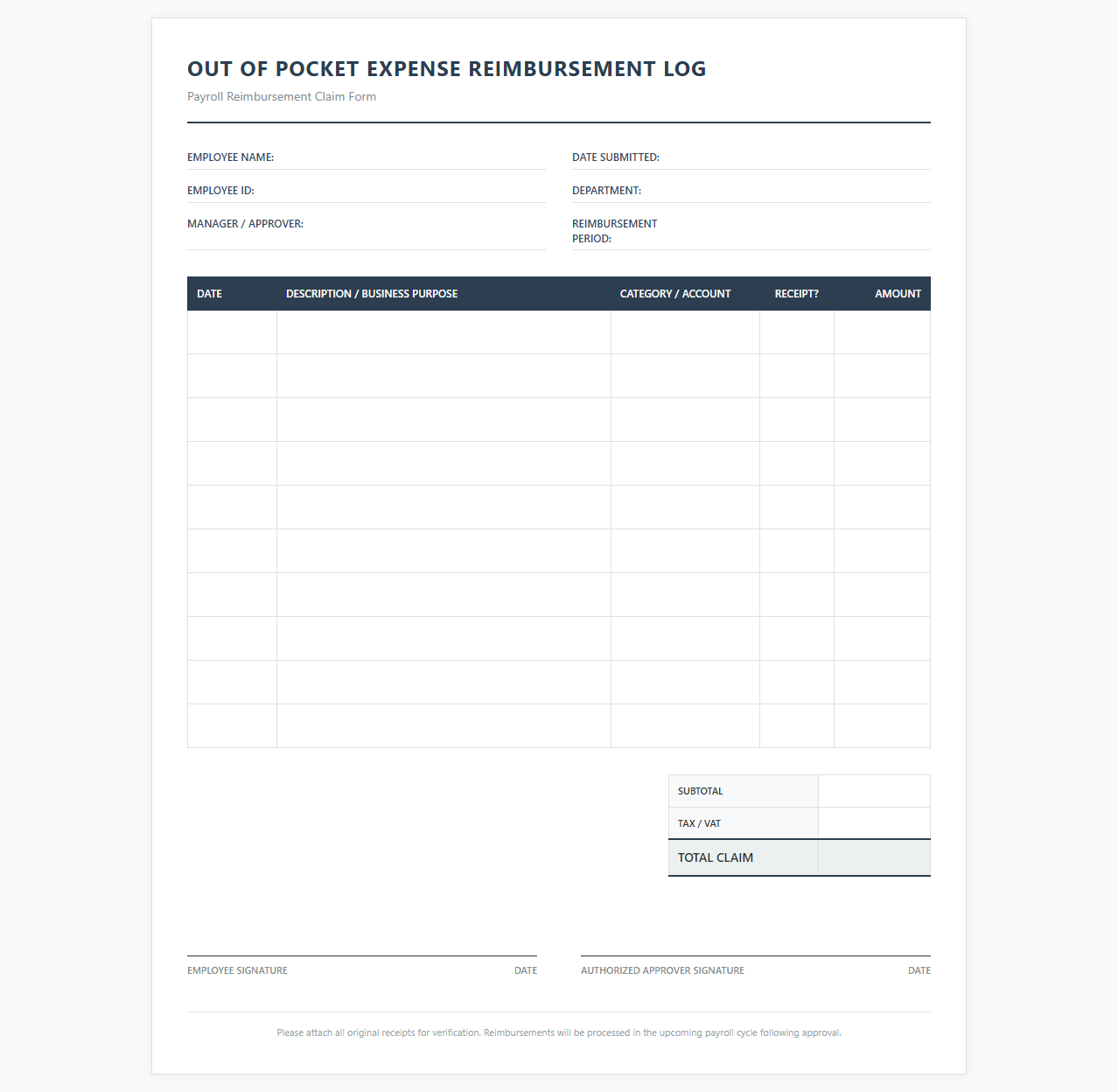 Employee Out of Pocket Expense Reimbursement Log