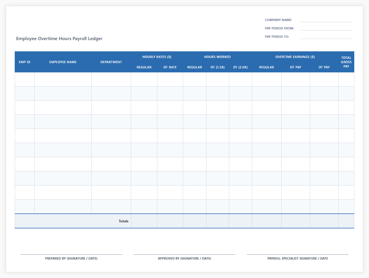 Employee Overtime Hours Payroll Ledger