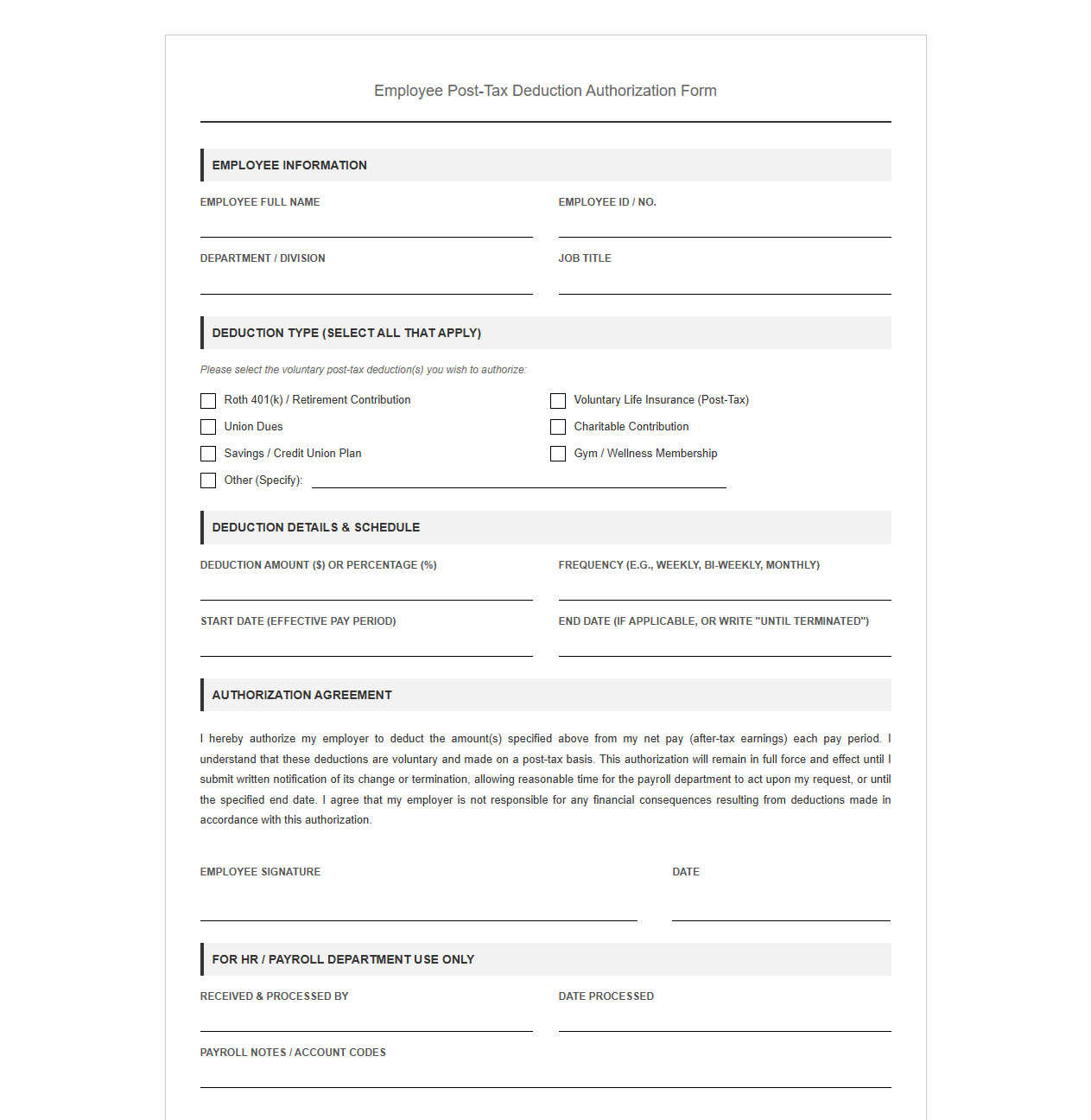 Employee Post-Tax Deduction Authorization Form