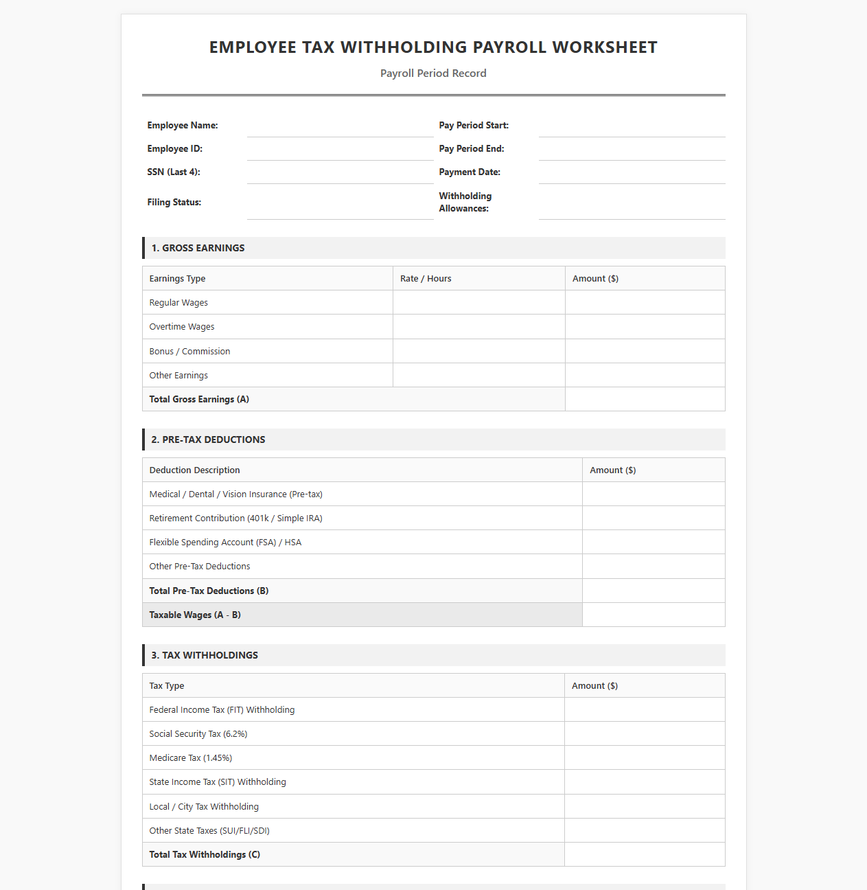 Employee Tax Withholding Payroll Worksheet