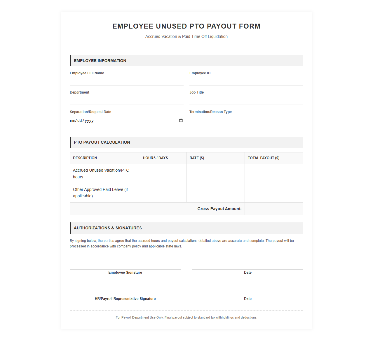 Employee Unused PTO Payout Form