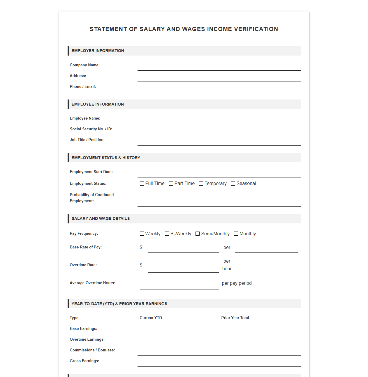 Employee Wage and Salary Income Verification Template