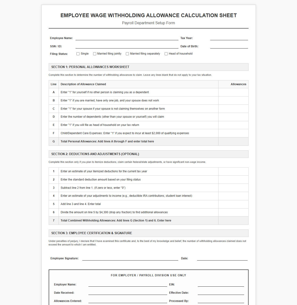 Employee Wage Withholding Allowance Calculation Sheet