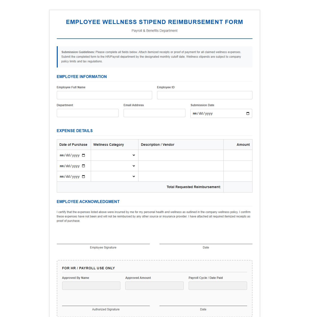 Employee Wellness Stipend Reimbursement Form