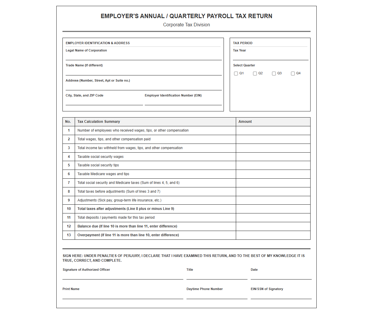 Employer Payroll Tax Return Template