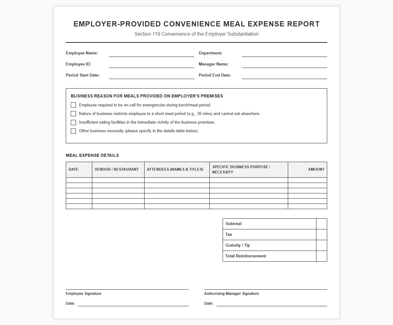 Employer-Provided Convenience Meal Expense Report Template
