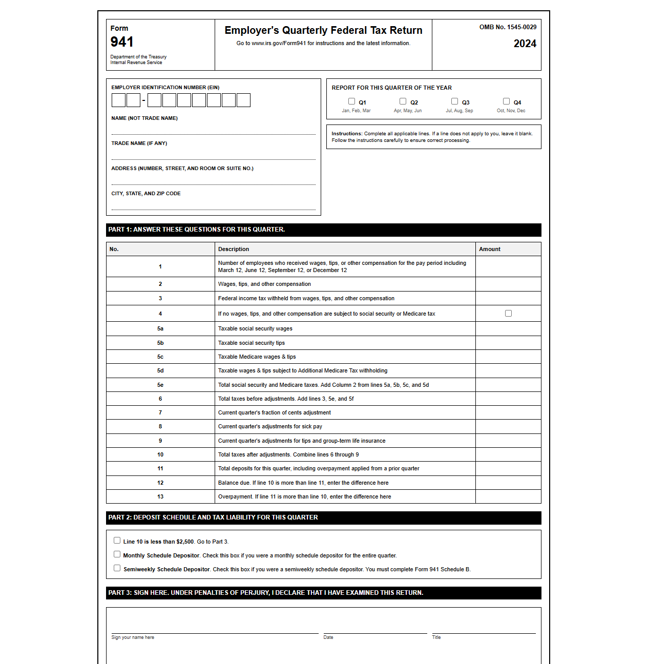 Employer's Quarterly Federal Tax Return Template
