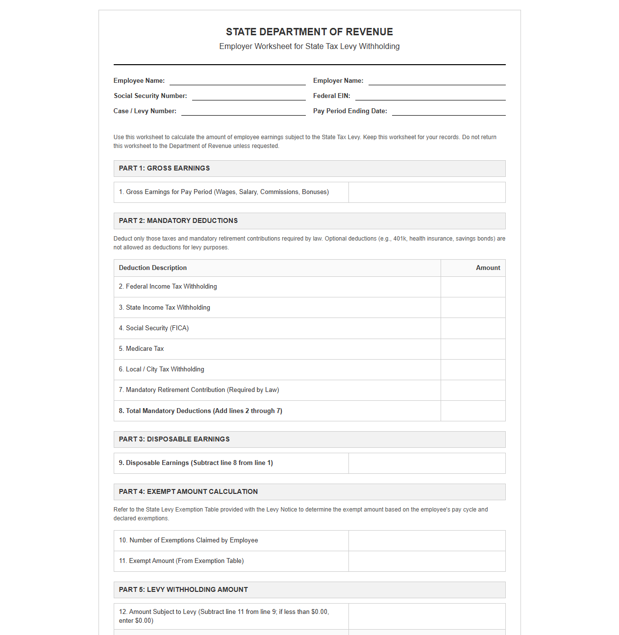 Employer Worksheet for State Tax Levy Withholding