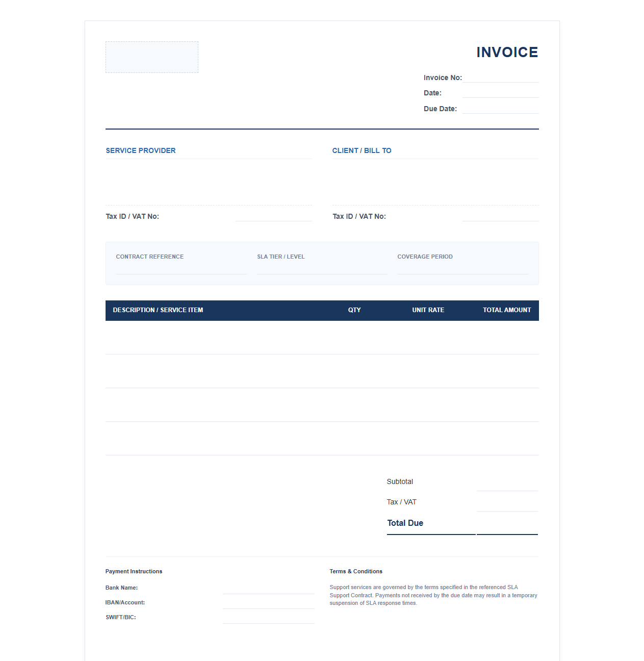 Enterprise SLA Support Contract Invoice