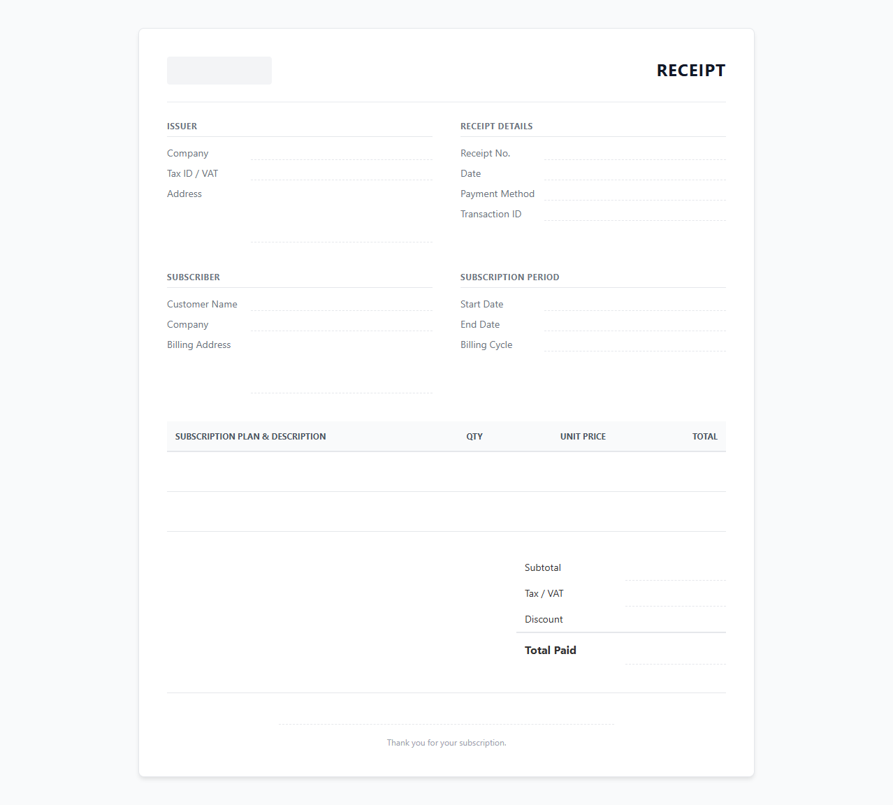 Enterprise Software Subscription Receipt