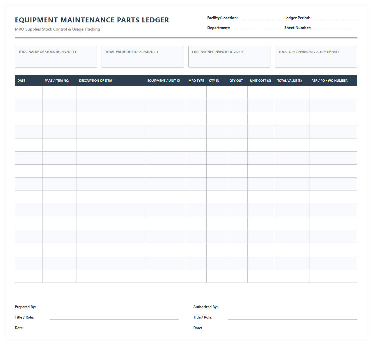 Equipment Maintenance Parts Ledger Template