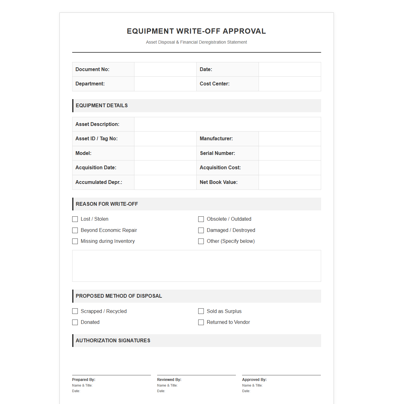 Equipment Write-Off Approval Template