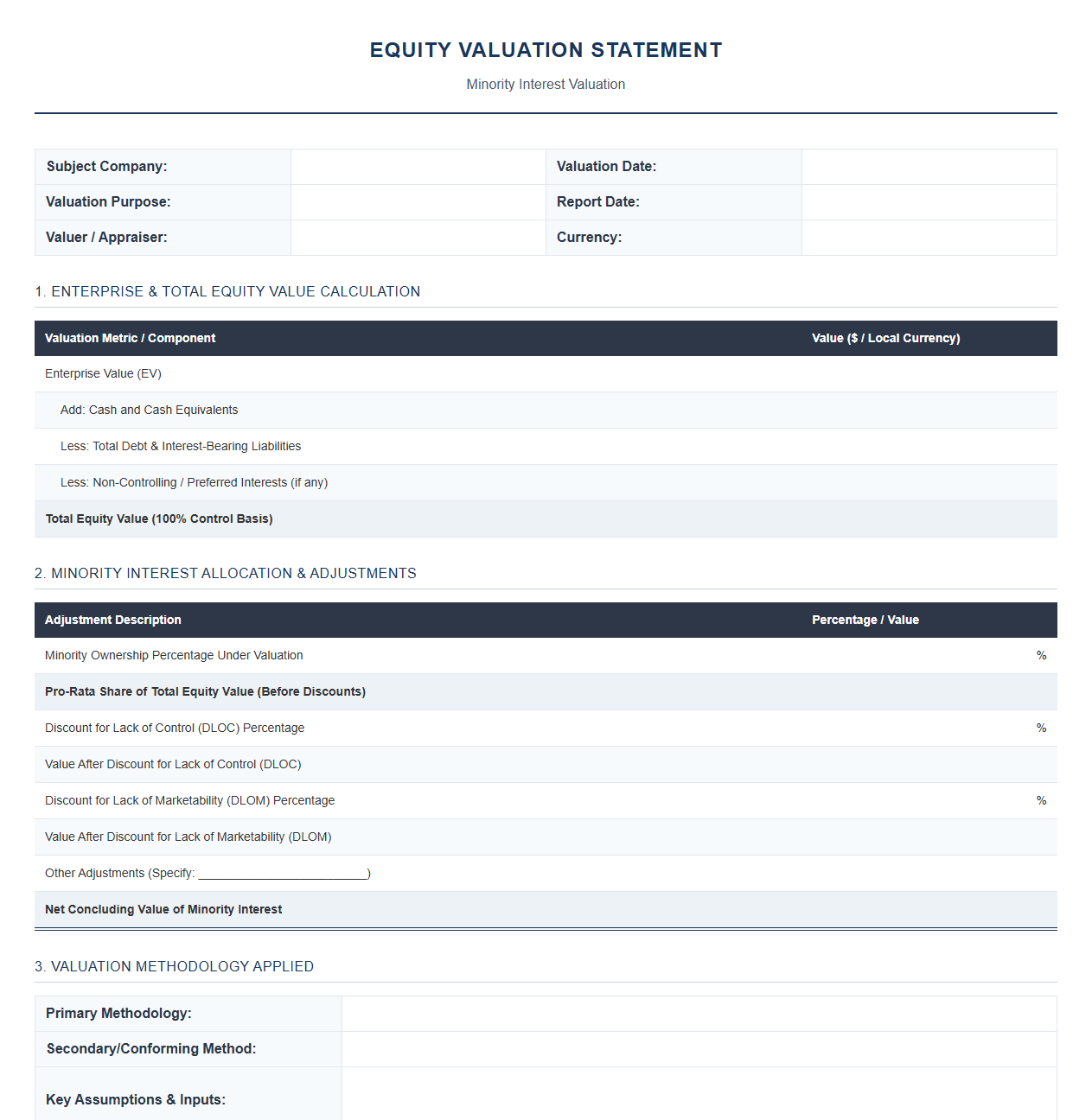 Equity Valuation Statement for Minority Interests