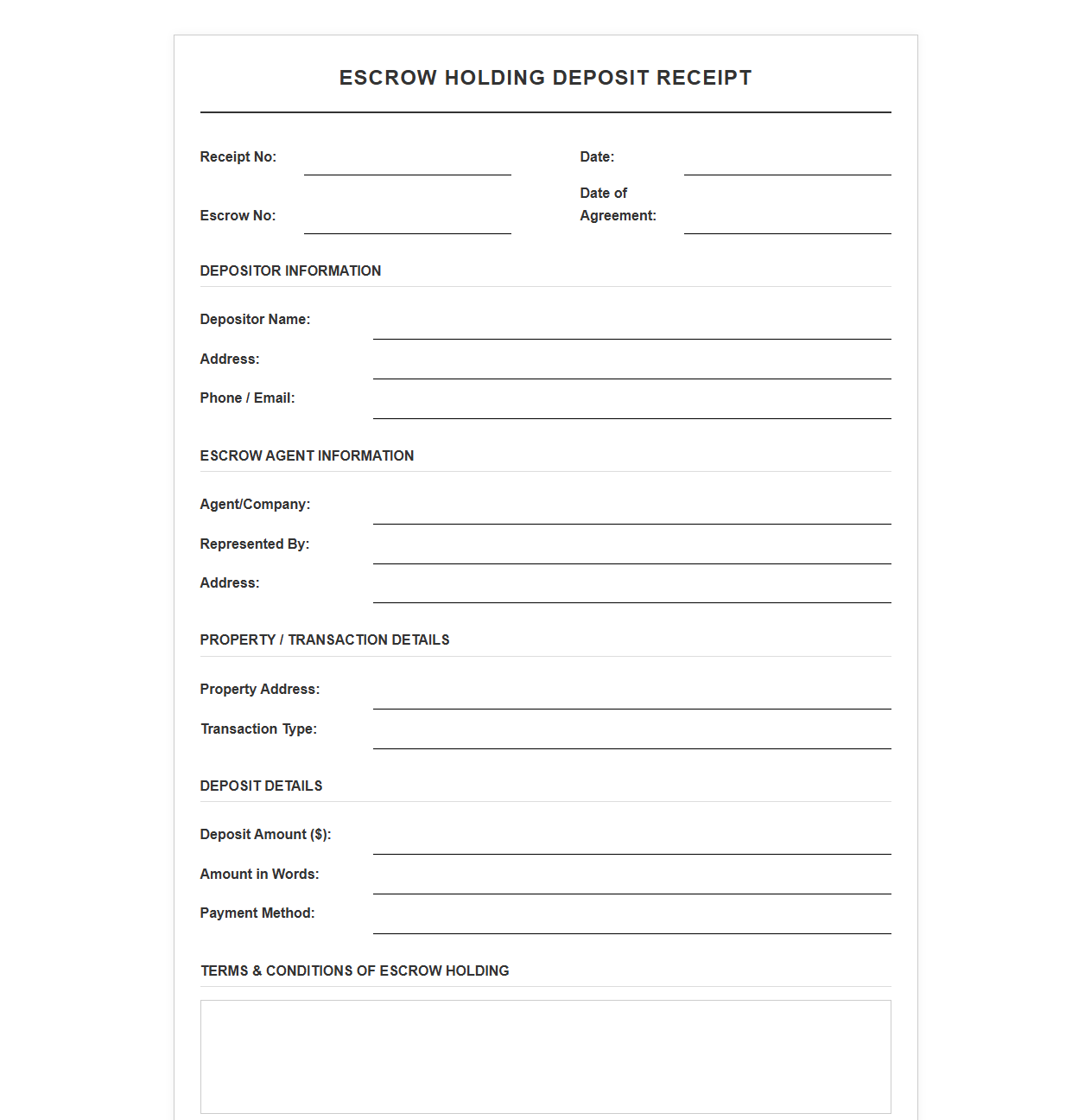 Escrow Holding Deposit Receipt Template