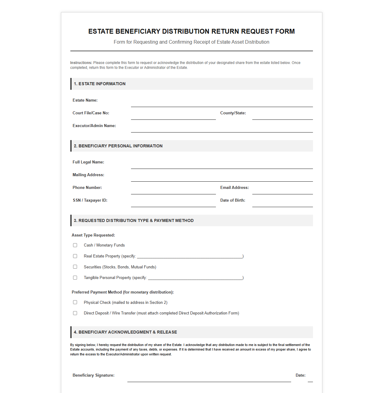 Estate Beneficiary Distribution Return Request Form
