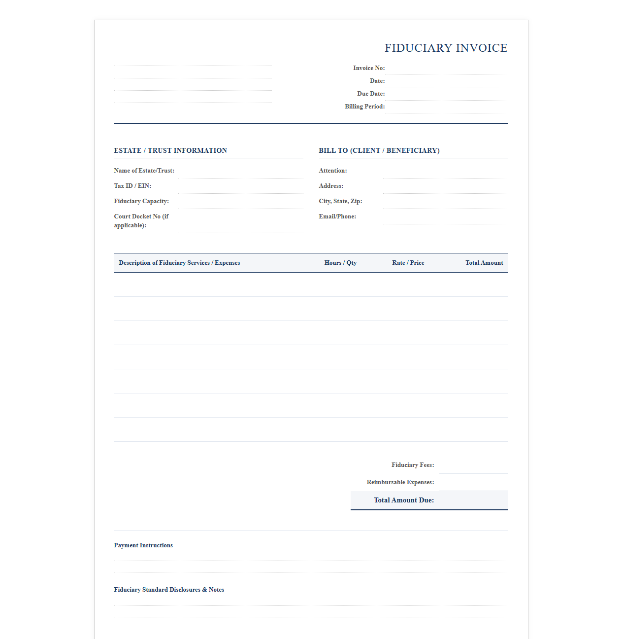 Estate and Trust Fiduciary Invoice