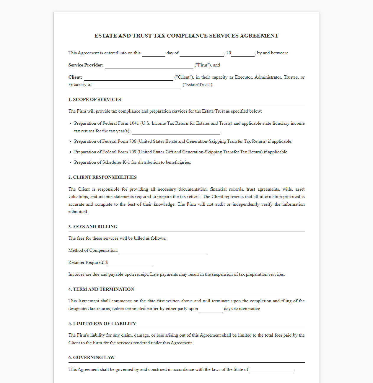 Estate and Trust Tax Compliance Services Agreement
