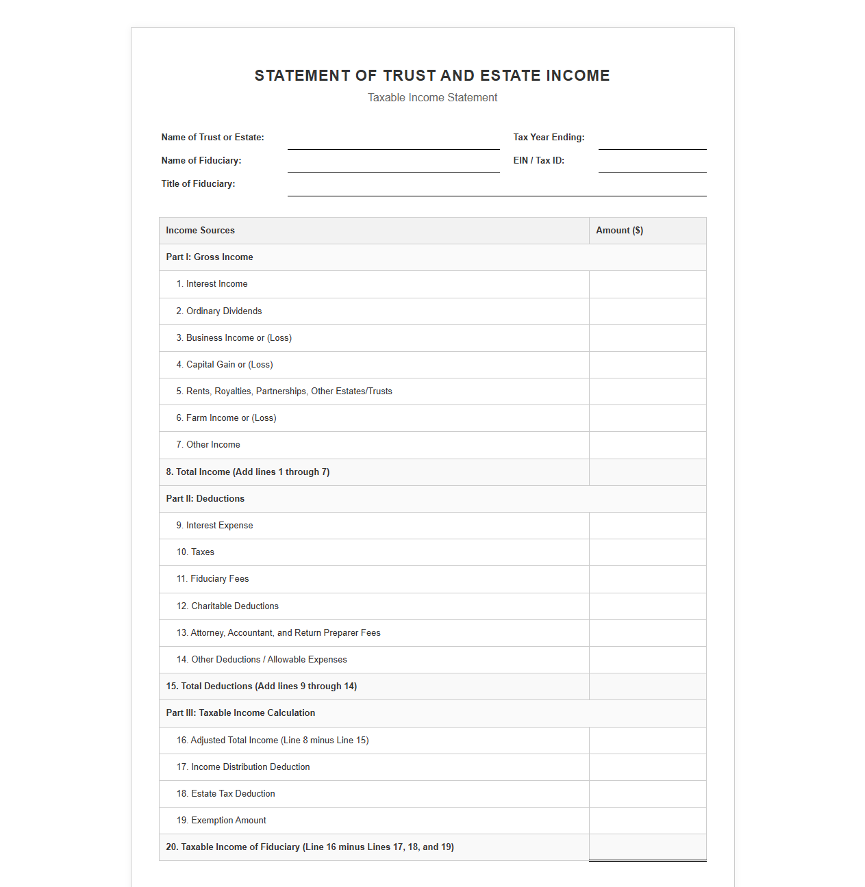 Estate and Trust Taxable Income Statement Template