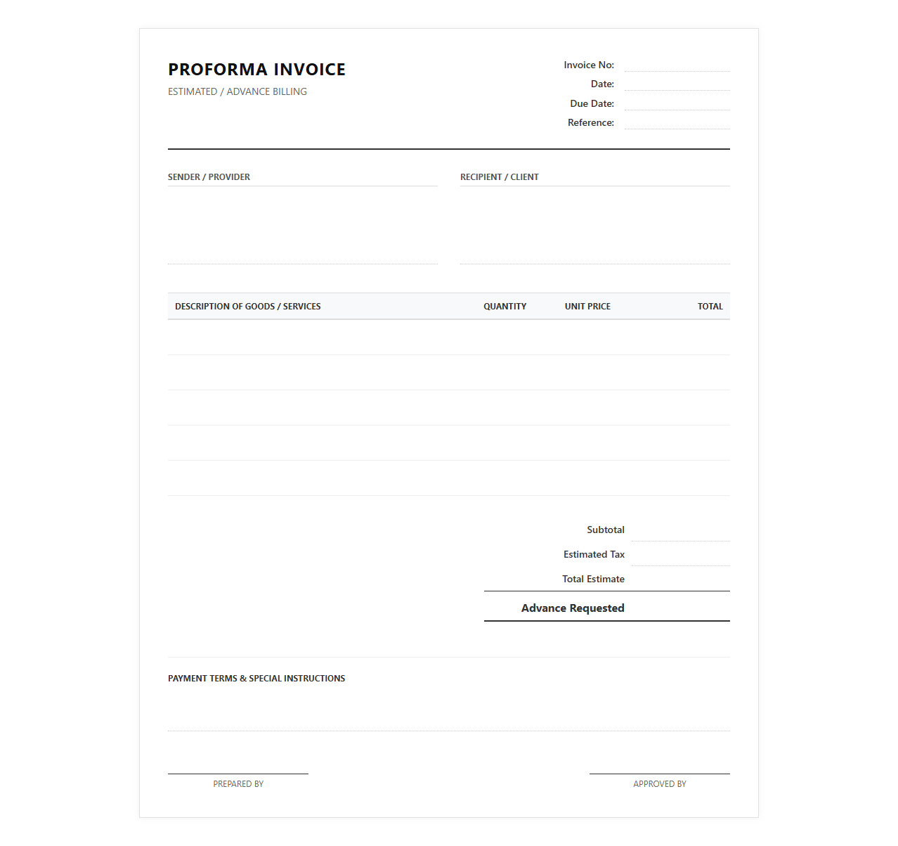 Estimated Proforma Invoice for Advance Billing